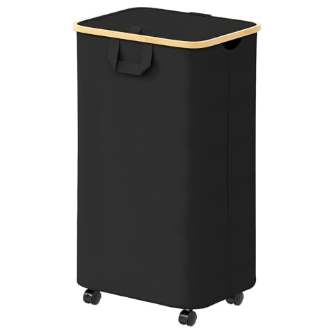 SpaceAid Laundry Hamper with Wheels and Lid, 26 Gal (100L) Rolling Clothes Basket with Bamboo Handle, Large Laundry Hamper for Bedroom, Bathroom, Dorm, Laundry Room - Black Cover