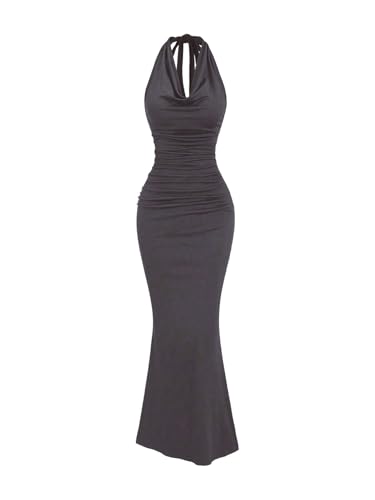 Image of GORGLITTER Women's Halter Formal Cocktail Beach Wedding Guest Maxi Dresses | Cinched Waisted Dress, Cowl Neck Dress, Birthday Club Dresses, Date Night Going Out Dress for Women