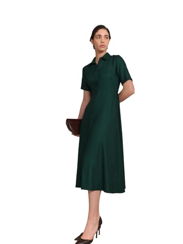 Image of FableStreet Women Formal Dress | Fit & Flare Midi Shirt Dress with Collared Neckline & Short Sleeves | Smooth Solid Fabric with Button-Front Closure for Workwear & Smart Casuals