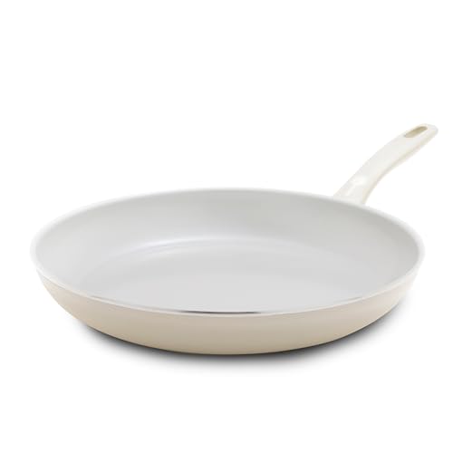 Greenpan Dover - Sartén antiadherente de cerámica saludable, de 12 pulgadas, sin PFAS, apta para lavavajillas, mango de agarre cómodo, color blanco crema