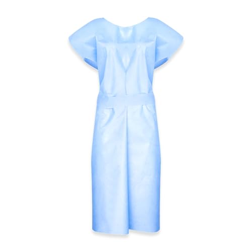 Image of Disposable Patient Exam Gown, LARGE (50 Count) - Blue - SMS Nonwoven, Fluid-Resistant, Latex-Free - Includes Separate Tie Belt - DG Disposable Gowns | Made in USA | Medical Exam Apparel