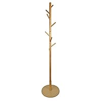 keypak Wooden Coat Stand with Round Base, Freestanding Coat Rack, Adjustable Height Coat Tree with 8 Hooks for Hanging Clothes, Jackets, Bags, Hats