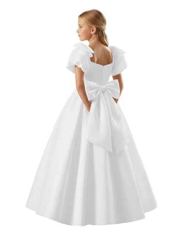 WDCVGTR Toddler Satin Flower Girl Dress for Wedding Ivory Bow Shoulder Square Neck Puff Sleeve A-line Formal Communion Ball Gowns 2T