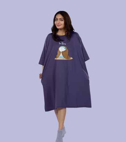 Image of LAMA STORE Women's Printed Oversized T-Shirt Dress, Cotton, 3 /4 Sleeve Length, Casual Loose Fit, Comfort Wear Extra Comfy Oversized Printed Pocket T-Shirt Dress