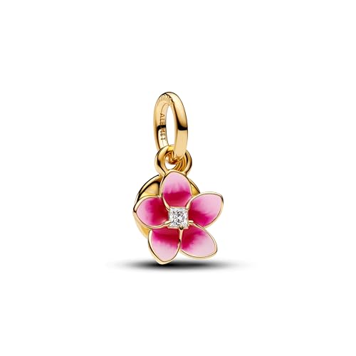 PANDORA Disney Moana Pink Plumeria 14 K Goldplattierter Doppel-Dangle mit klarem Cubic Zirkonia und rosa Enamel
