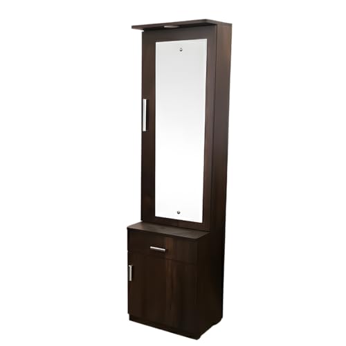 Image of CASPIAN Engineered Wood Single Door Vanity Dressing Table (Rainforest Brown) | Pre-Assembled Furniture with Mirror & LED Light | Makeup & Accessories Organizer with 4 Shelves, 1 Cabinet & 1 Drawer