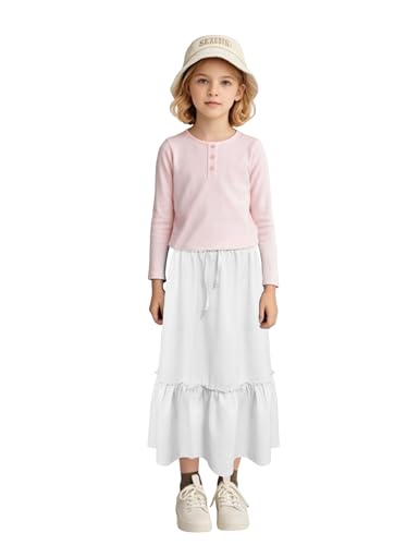 Image of Girls High Waisted Ruffle Maxi Skirt Soft Cotton Long Skirts with Elastic Waistband for Kid Girl 3-12 Years