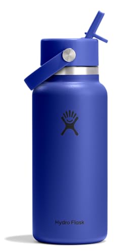 Image of Hydro Flask Water Bottle - Insulated Stainless Steel - Wide Mouth Flex Straw Lid, Non Spill, Leakproof and Refillable in 32 Oz Capri Blue