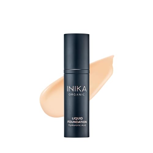 INIKA Organic Full Coverage Liquid Foundation Makeup with Hyaluronic Acid and Argan Oil, Vegan and Organic Foundation for Skin Elasticity and Plumpness, Natural Coverage, Cream, 30ml