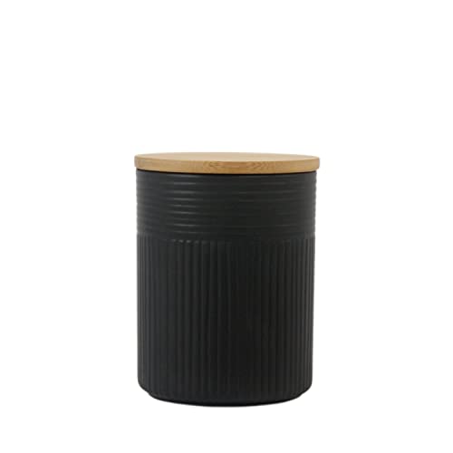 Image of 10 Strawberry Street Luca Matte Black Embossed Ceramic Kitchen Canister Set, Set of 3, Bamboo Lids