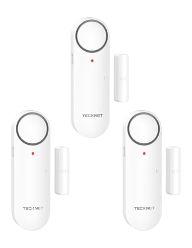 TECKNET Alarmas para Casa, Alarma de Puerta con Ajuste de Volumen de 3 Niveles y Alarma LED, Sensor de Puerta fácil de Instalar con Interruptor de Modo para Garaje/Oficina/Apartamento/Hotel(3 Pz)