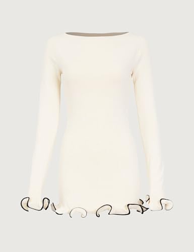 Image of ISZPLUSH Women's Sexy Bodycon Ruffle Hem Knit Dress Crew Neck Long Sleeve Slim Club Party Mini Dress