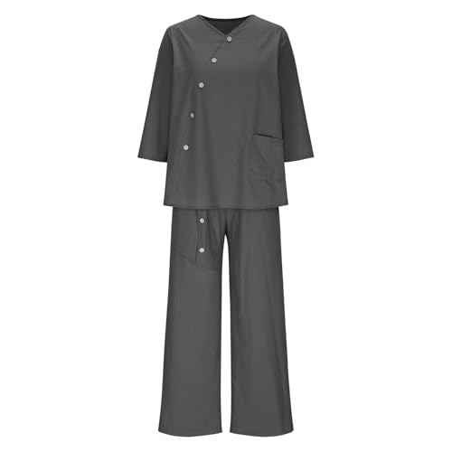 Plus Size Cotton Linen Outfits for Women 2 Piece Set Pants Suits V Neck Button 3/4 Sleeve Tops Wide Leg Pants Sets3