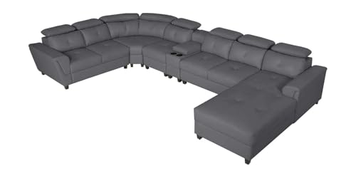 Image of Torque Arnold Fabric 8 Seater Sofa with Lounger and Cup Holder Dark Grey | Corner Sofa Couch with Moveable Headrest | U Shape Sectional Sofa Set Living Room Office Home