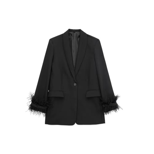 Women Satin Black with Feather Blazer Vintage Notched Neck Single Button Long Sleeves Jacket
