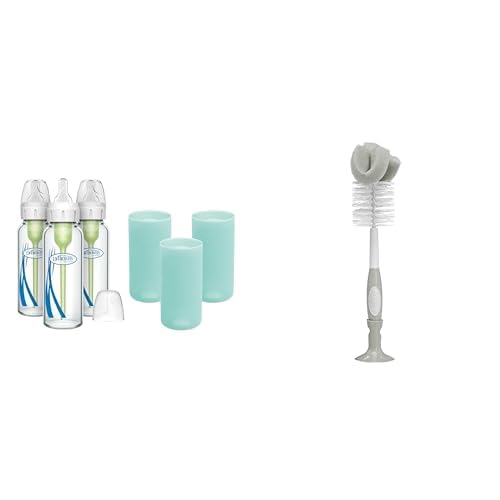 Dr. Brown's Anti-Colic Options+ Narrow Glass Baby Bottles 8oz and Level 1 Slow Flow Nipple, 3-Pack 0m+ and Mint Silicone Sleeves and Bottle Cleaning Sponge Brush with Suction Cup Stand, Gray