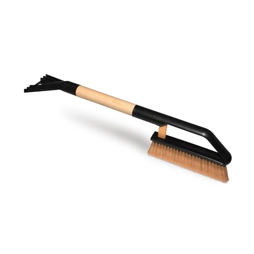 ToM PaR Bürste und Schaber | 2-in-1 Schneebürste und Eiskratzer | 50% Naturborsten | Holz Griff | Kratzer für dünnes | Zerkratzt Keine Autoscheiben | Kältebeständiger Kunststoff | Länge: 70 cm