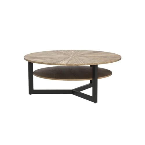 LEEMTORIG 33.5" Round Wood Coffee Table, 2-Tier Circle Round Coffee Table with Storage for Living Room, Mid-Century Modern Style with Texture Surface, Yellowish Brown with Black Metal Legs, KFZ-1338 - Image 5