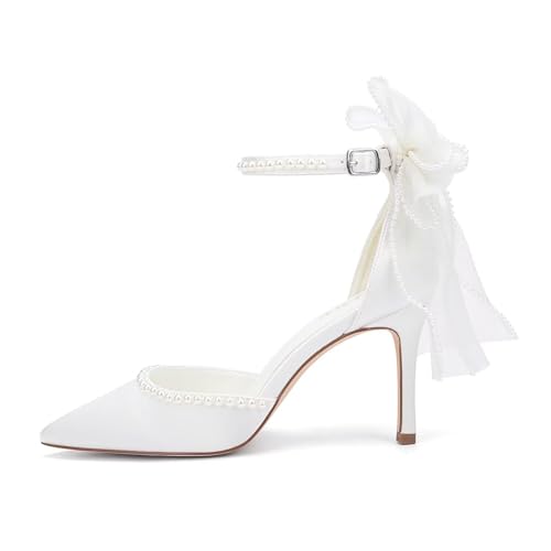 High Heel Wedding Shoes for Bride Pointed Toe Bridal Shoes Pearl Heels Bow Tie Back Wedding Heels3