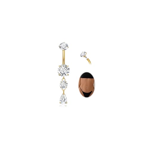 LOAYHOAY G23 Pure Titanium Dangle Belly Button Rings for Women Internally Thread Curved Barbell Belly Rings Dangling Navel Rings CZ Teardrop Navel Piercing Jewelry Gold 8mm