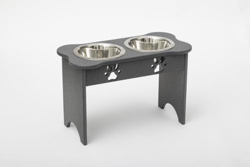 2 qt. 15 in. Tall High Double Poly Wood Dog Bowl with 2 Stainless Steel Bowls Dark Gray