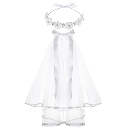 DDazzling Girls' Floral Crown with Crystals, Communion Comb, and Veil for First Holy Communion Accessories (White, One Size, Hairband)