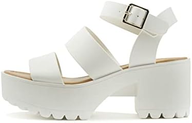 Soda ACCOUNT ~ Women Open Toe Two Bands Lug sole Fashion Block Heel Sandals with Adjustable Ankle Strap (White, numeric_9)