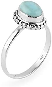 Solid 925 Sterling Silver Ring, Natural Larimar Gemstone Ring, Solitaire - Handcrafted Ring, Crystals Ring, Birthday, Boho Jewelry | Promise Victorian Wedding Handmade Ring | Gift for Women (US - 10)