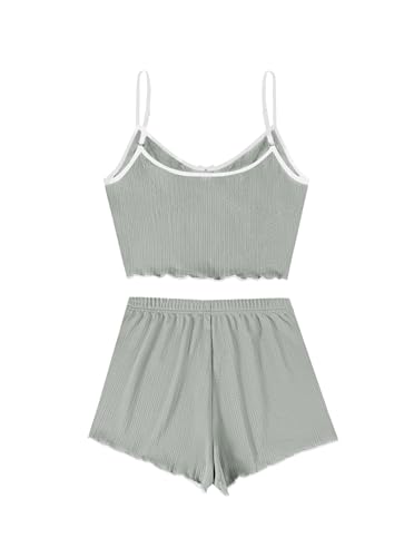 Image of Hilinker Womens Graphic Print Ribbed PJ Set Crop Cami Tops and Shorts Cute Pajamas Set