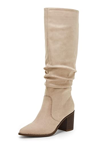 Huiyuzhi Womens Pointed Toe Mid Chunky Heel Side Zipper Knee High Boots Tall Booties