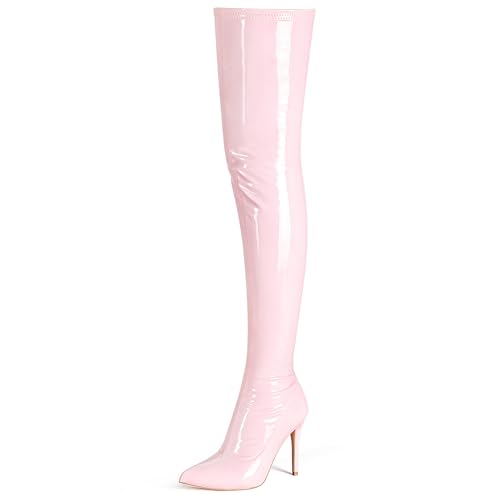 Botas altas de piel sintética para mujer, puntera puntiaguda, cremallera lateral, cómodas, sexis, tacón alto por encima de la rodilla, Rosado, 37 EU