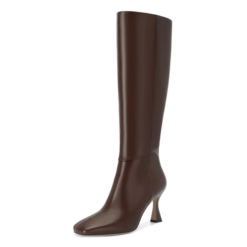 Image of Dsevht Black Leather Knee High Boots for Women Stiletto Kitten Heeled Sexy Boots Square Toe and Side Zipper Design Fashion Dress Boots