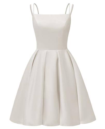 Image of Tianzhihe Satin Homecoming Dresses for Teens 2026 Spaghetti Straps A-line Square Neck Short Cocktail Party Dress with Pockets