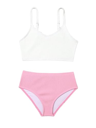 Image of WDIRARA Toddler Girl's 2 Piece Swimsuits Ribbed Color Block High Waisted Bikini Beach Sport Bathing Suit