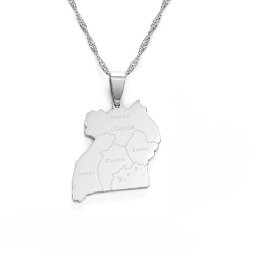 SAKVILSEC Uganda Map & Cities Pendant Necklace For Women Men Stainless Steel Lightweight Ugandan Maps Jewelry Gift (Silver Color,45cm Chain)
