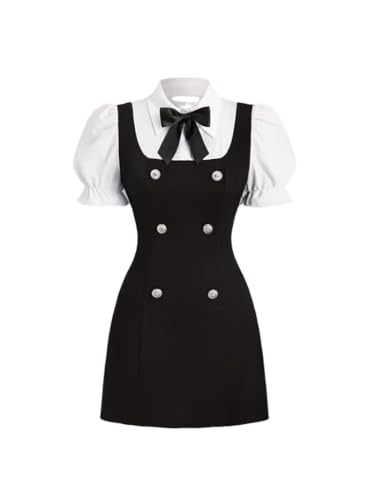 Image of Women Short Dresses 2 In 1 Colorblock Turndown Collar Lantern Sleeve Black Suit Cute Dress