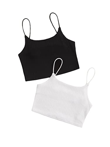 Wdirara Girl's 2 Pack Basic Rib Knit Crop Cami Top Sleeveless Casual Top Black And White 10Y #TOP26