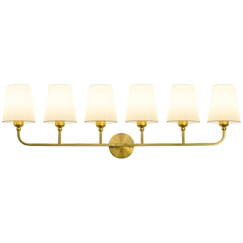 Image of Bathroom Vanity Light, Brushed Gold Bathroom Lighting Fixtures Over Mirror | 6-Light Bathroom Light Fixtures with Flared White Fabric Shade, E26 Socket (ETL Listed)