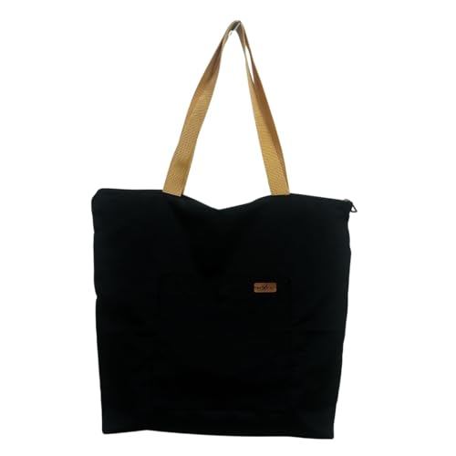Bolsa Tote Bag tecido semi impermeável, com zíper, bolsos, faculdade, trabalho, passeio, feminino, unissex. (Preta/Alça caramelo)
