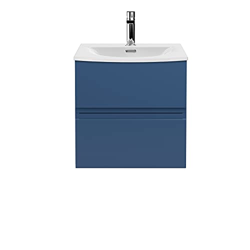 Hudson Reed Urban Moderno Mueble de baño para Colgar en la Pared, con 2 cajones de Cierre Suave, Lavabo Redondo de cerámica con Perfil de 30 mm, 500 mm, Color Azul Satinado