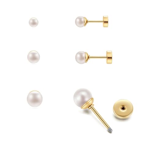 Dainty Flat Screw Back Pearl Stud Earring Set for Multiple Piercing|3Pairs Pearl Earrings for Helix Tragus Cartilage Piercing for Women Girls|Secure Twist Back Sleep Earrings(4mm+5mm+6mm Pearl, Gold)