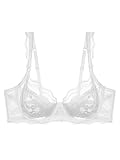 zossav Lace Balconette Bra Push Up Unlined Demi Sheer Mesh Bras with Underwire 32B White