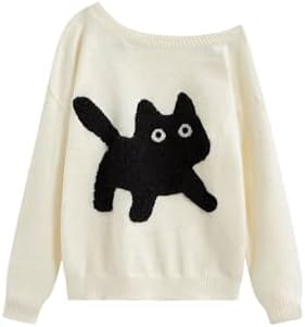 GORGLITTER Women's Off The Shoulder Sweater Cat Print Graphic Lon...