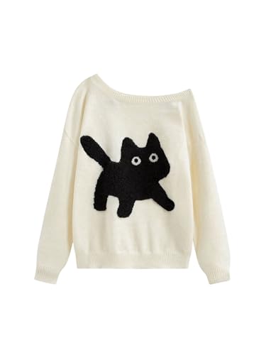 GORGLITTER Women's Off The Shoulder Sweater Cat Print Graphic Long Sleeve Pullover Sweaters