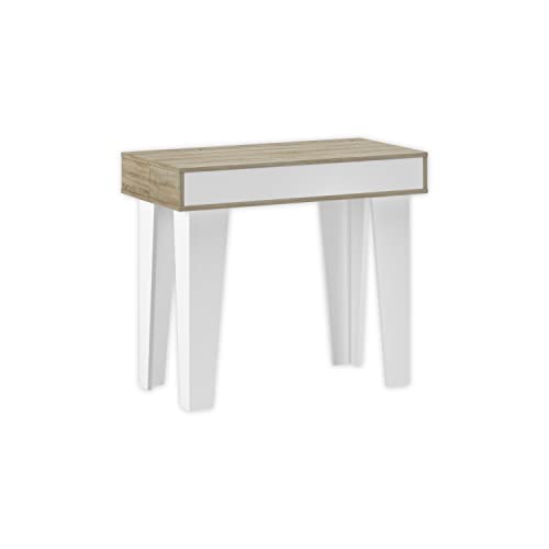Skraut Home | Mesa Consola Extensible hasta 140 cm | Dimensiones Cerrada: 79 x 90 x 52 cm | Modelo KL Nordic | Acabado en Roble Cepillado y Blanco Mate | Material Resistente