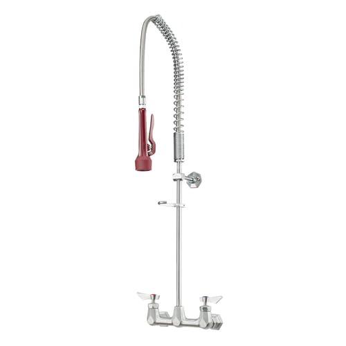 FSE 373-KR-DX-108 Diamond Series Wall-Mount Pre-Rinse Faucet, 8" Centers, Dual Spray 1.15 GPM, 35"H with 15" Overhang, 44" Stainless Hose, Satin Finish, Includes Bracket and Mounting Kit