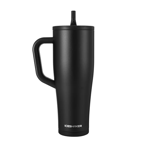 Image of Ice Shaker 40 oz Tumbler with Handle and Straw | 40oz Black | Cold for 30+ Hours | 2-in-1 Tumbler Shaker Bottle | Odor-Free 40 ounce Bottle for Water, Protein Shakes, Smoothies, Cocktails