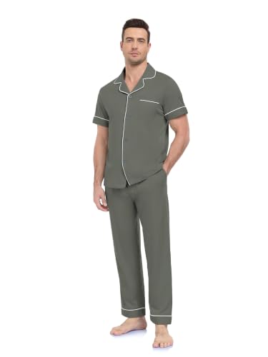 Image of COLORFULLEAF Men's Pajama Sets 100% Cotton Short Sleeve Button Down | 100% Cotton, Short Sleeve, Long Pants, Button Down, Notched Collar, Soft, Breathable, Lightweight, Comfortable, 2 Piece Set