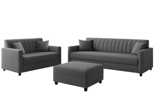 Image of 3+2 Fabric Sofa Set with Ottoman for Living Room | Modern Upholstered 5-Seater Couch | Soft Cushion, Premium Velvet Fabric - Grey Color