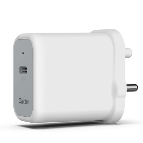 Image of Oakter 65W Fast Charger | Type-C Fast Charging Adapter for Laptop, Mobile, MacBook, iPhone 15 & Newer, iPad, Samsung | White | 3- Pin Plug (Adapter)